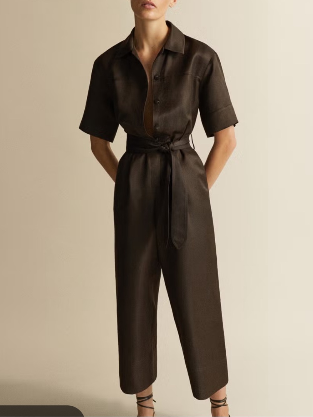 Massimo Dutti Dark Brown Short-Sleeve Belted Jumpsuit